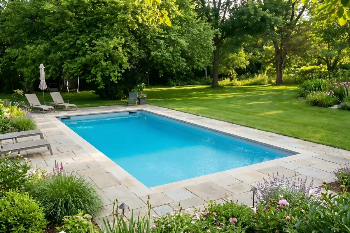 Piscine enterrée Océane dans un jardin, exemple de bassin familial
